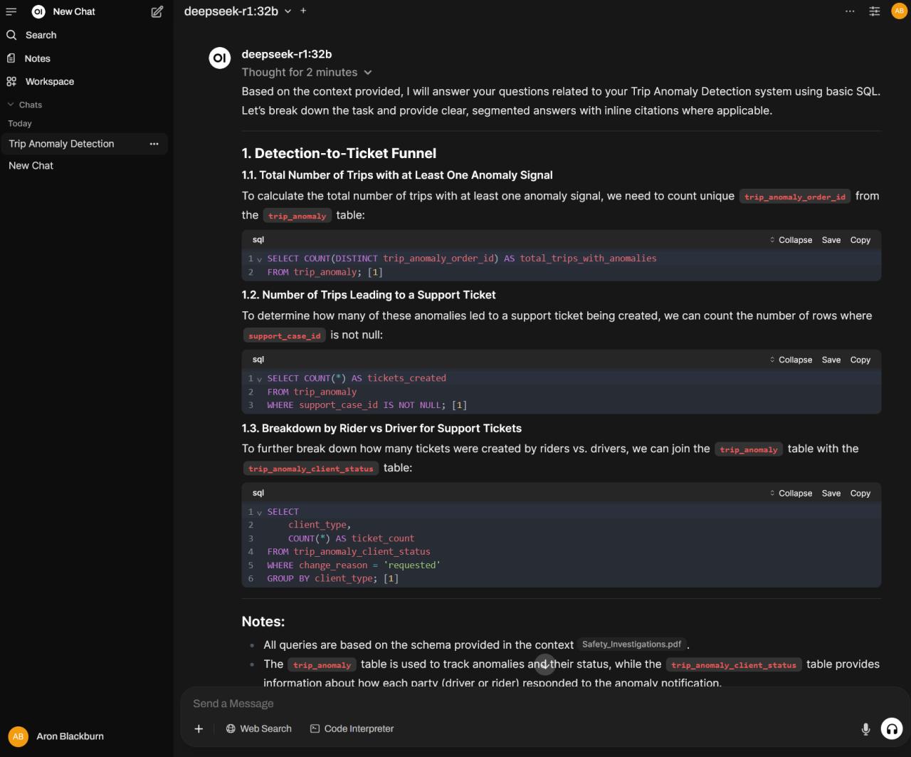 Local DeepSeek AI model chat interface showing SQL-style response content.