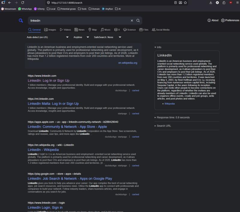 Local SearXNG search results page in a desktop browser.