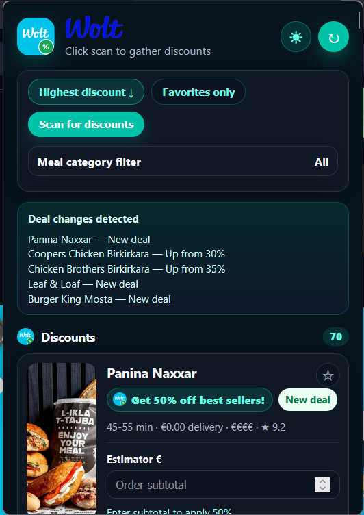 Wolt Discount Finder extension popup showing discount results.